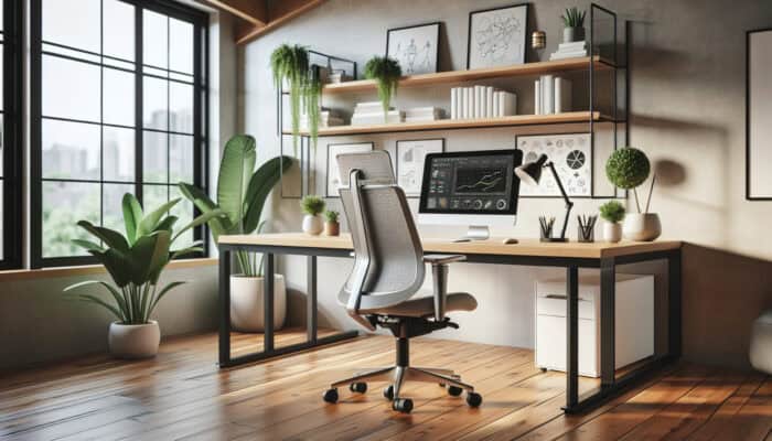 A modern home office setup with adjustable chair, desk, and eye-level monitor, surrounded by plants.
