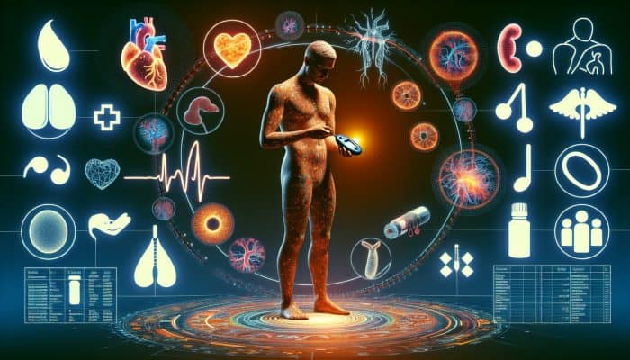 A diabetic person using a glucose meter, with medical icons for heart, kidney, and eye health.