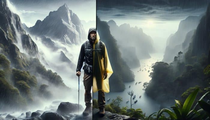 A hiker in the Swiss Alps with a waterproof poncho in heavy rain, and another in Southeast Asia's jungle with a breathable poncho in humid conditions.