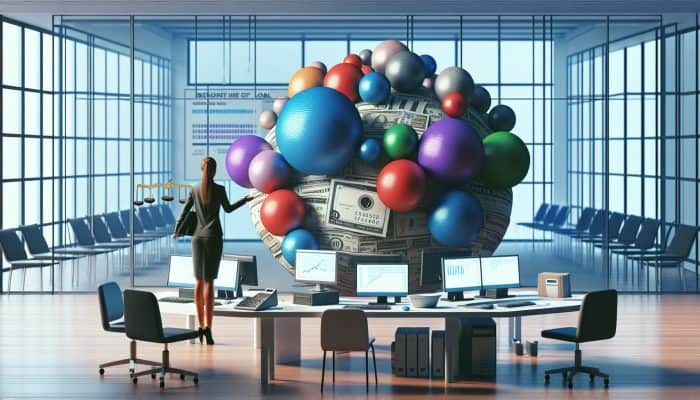 Infographic on UK debt consolidation showing charts, individual managing debts, and a unified loan in a modern office.