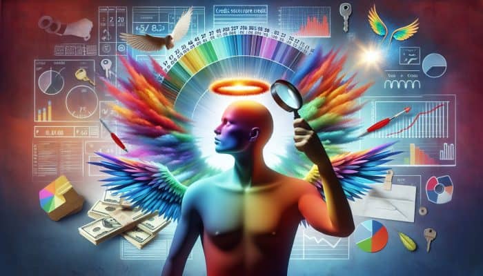 How to Consolidate Debt with a Low Credit Score: UK Guide | DCL A person using a magnifying glass on a colourful credit score report with symbols of financial freedom.