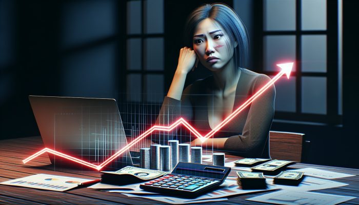 Debt Consolidation Loan Credit Score Minimums: UK Guide | DCL Individual appearing concerned over financial documents and laptop displaying an increasing debt graph in a poorly lit room.