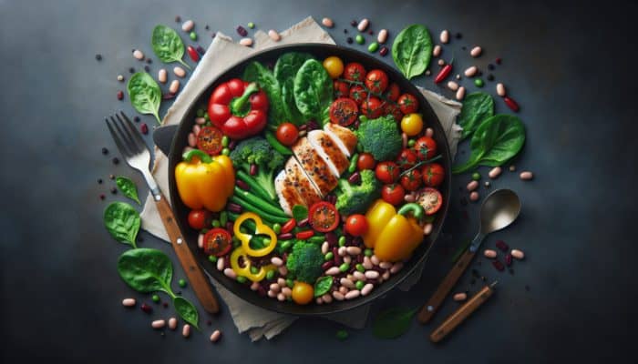 A colourful skillet meal with vegetables, chicken, and beans, showcasing nutrition and vibrant flavours.