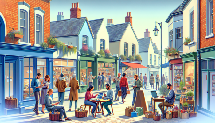 Small business owners in Verwood actively engage with social media on devices outside charming shops, attracting a diverse customer base under a bright sky.