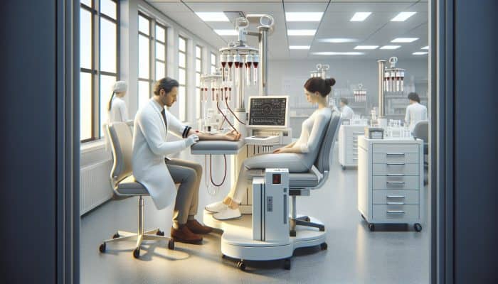 A doctor in a white coat drawing blood from a patient's arm for thyroid testing in a modern clinic equipped with high-tech apparatus.