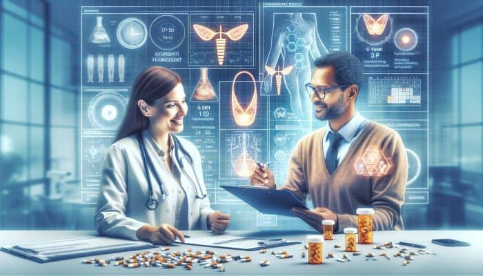 A compassionate doctor in a modern UK clinic reviewing thyroid results with a patient, surrounded by charts, a follow-up calendar, and pill bottles.
