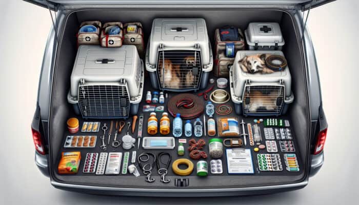 Transporting Rescue Animals Safely: A van packed with an organised kit for rescue animals: sturdy crates, leashes, water bowls, food packs, medications, and first aid supplies.