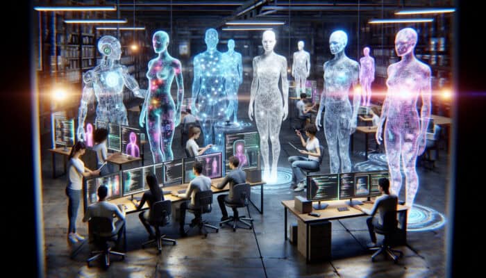 Engineers in a futuristic lab collaborate on holographic AI avatars, coding on glowing screens, testing interactions, and launching via digital networks.