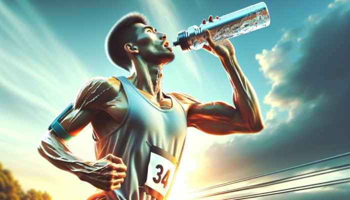A runner in mid-stride during a marathon pauses to sip from a water bottle, sweat glistening on their focused face under a bright sky.