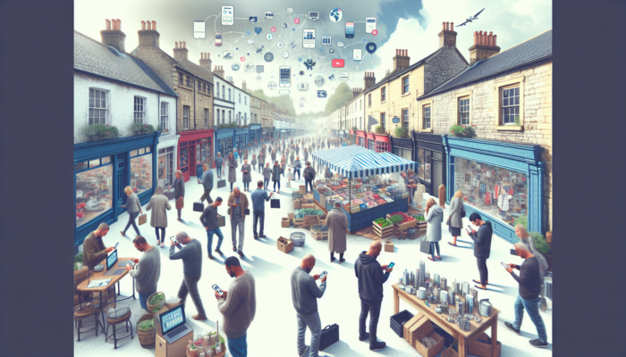 E-Commerce for Small Businesses in Bradford-on-Avon: Image of Bradford-on-Avon's historic streets: small shops as e-commerce hubs, locals browsing smartphones in bustling markets, symbolising online shopping growth.