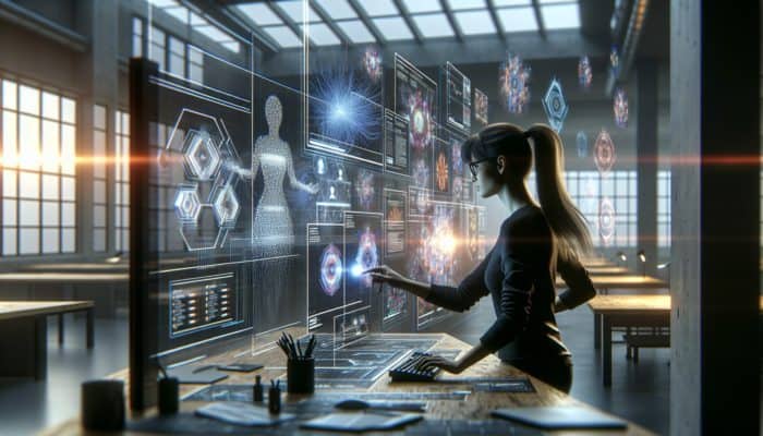 A focused woman in a high-tech workspace, surrounded by screens showing research data, strategy maps, and Blackpink-inspired designs.