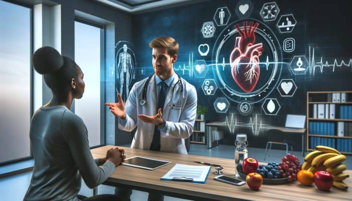 A compassionate doctor in an Evesham clinic discusses cholesterol results with a patient, pointing to a graph surrounded by stethoscopes and heart diagrams.