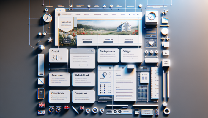 A modern website interface for a UK small firm in Corsham, with sticky navigation, prominent contacts, category icons, and a local map.