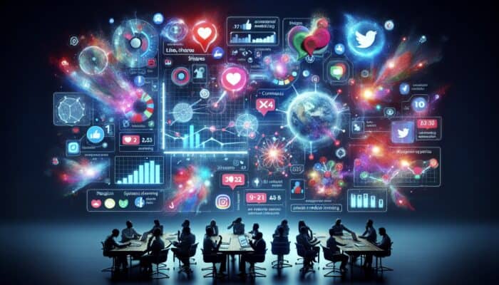 Hootsuite analytics dashboard displaying vibrant graphs of likes, shares, and comments for a nonprofit's campaign, with strategists analyzing data and social media icons.
