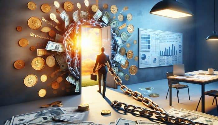 Serene figure breaking free from tangled chains of bills and coins, merging into a glowing golden key unlocking a sunlit landscape of financial stability.