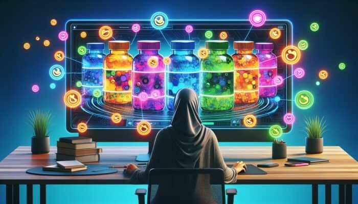 A user at a computer views targeted ads for colourful supplement bottles, with glowing cookie icons tracing their path in a digital scene.