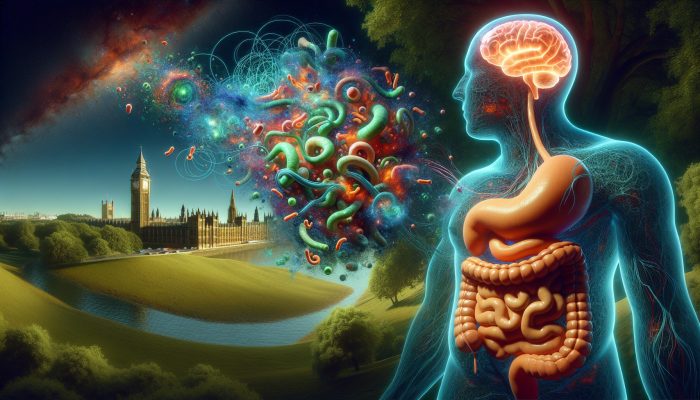 Dynamic gut bacteria swirling in a human digestive system, linked to a glowing brain, set against a backdrop of Big Ben and the UK countryside.