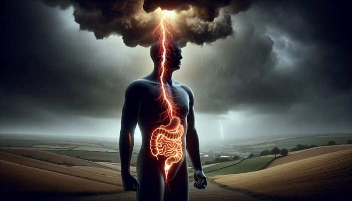 Surreal illustration: Human silhouette with a glowing, inflamed gut sending red tendrils to a stormy brain, symbolising the negative impact of poor gut health on mental wellbeing in the UK.