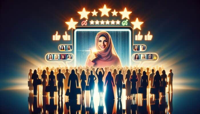 A diverse shopper at a glowing computer screen, surrounded by floating testimonials, five-star ratings, user photos, and approving silhouettes.