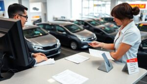 A woman hands car keys to a man at a counter in a modern car rental dealership. Papers and a computer are on the counter. Multiple gray cars are lined up indoors behind them, with signs displaying costs and drop fee information in the background.
