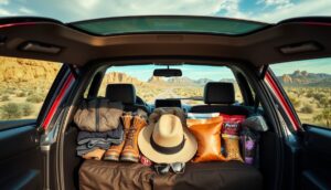 The open trunk of an SUV reveals boots, a hat, jacket, sunglasses, snacks, and drinks—perfect for a Park Road Trip through Joshua Tree’s rocky mountains and dry grass beneath a bright blue sky with scattered clouds.