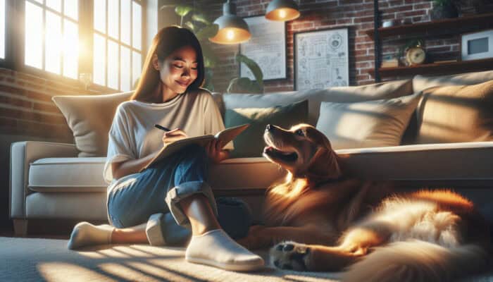 A woman journaling on a plush sofa in a sunlit living room, her dog resting at her feet, sharing a loving gaze.