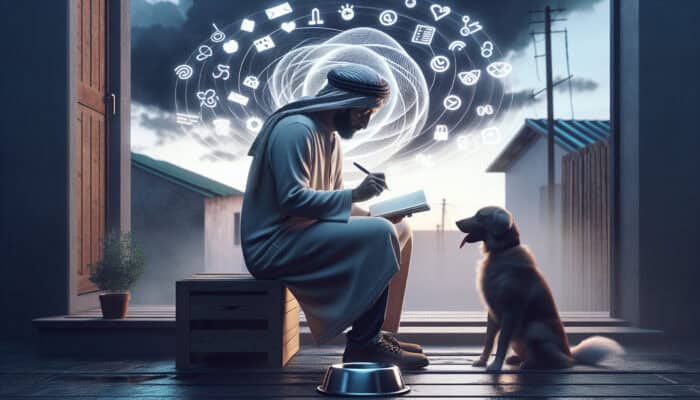 A pet owner journaling outdoors during an evening walk with their dog, notebook in hand, phone displaying reminders, near a feeding bowl.