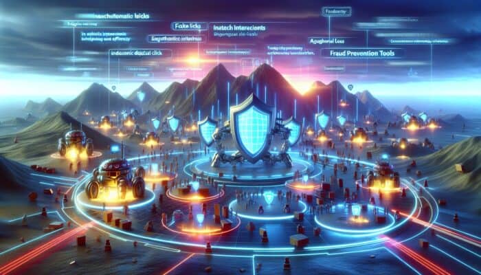 Robotic bots swarming screens with fake clicks in a chaotic, neon-lit digital landscape, symbolising fraud in supplement advertising.