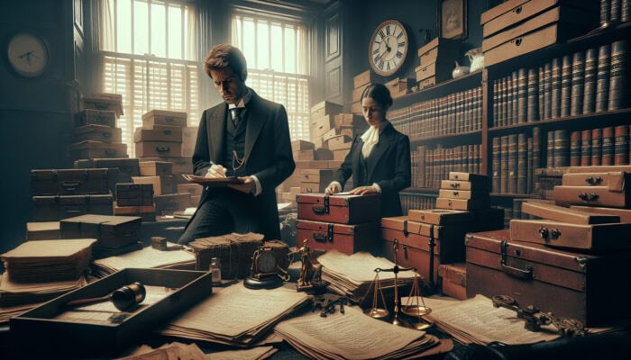 Somber executor reviews probate documents with solicitor in cluttered Victorian home amid packed boxes and legal ledgers.