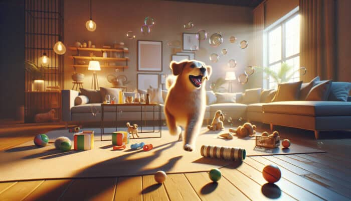 Rainy Day Indoor Activities for Pets: An energetic dog chasing bubbles, fetching a soft ball, and navigating a furniture obstacle course in a warmly lit living room with scattered toys and treats.