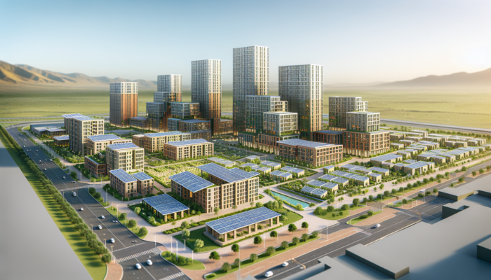 Urban development in Kimberley, South Africa: modern mid-level buildings under construction with solar panels, green parks, and efficient roads.