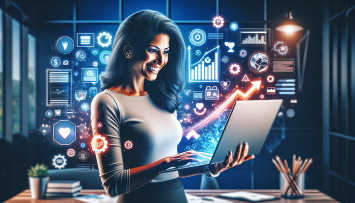 Excited small business owner in a modern office views a sleek website redesign on a laptop, surrounded by trending graphs, satisfied customers, and vibrant growth icons.