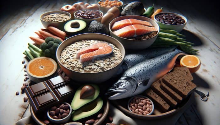 A vibrant still life of UK foods for cholesterol control: steaming oats, fresh salmon, wholegrain bread, avocados, beans, lentils, vegetables, and dark chocolate.