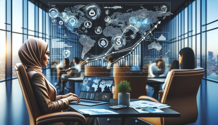 A determined entrepreneur at a modern desk views a laptop with e-commerce icons, rising sales graphs, global maps, and social media integrations, symbolizing business growth.