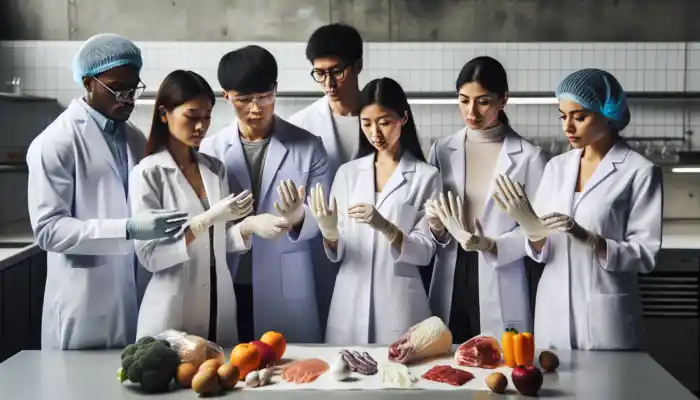 Experts in white lab coats assess glove materials such as latex and nitrile in a well-equipped laboratory alongside food items and analytical charts.