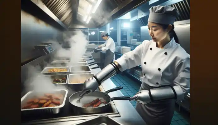 Chef in a bustling British kitchen manages hot trays and pots with Kevlar gloves while surrounded by rising steam and sizzling pans.