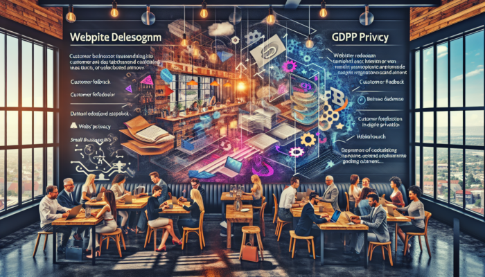 In a welcoming Cinderford cafe, business owners and customers review website redesign sketches on laptops with feedback surveys, graphs, and GDPR icons.