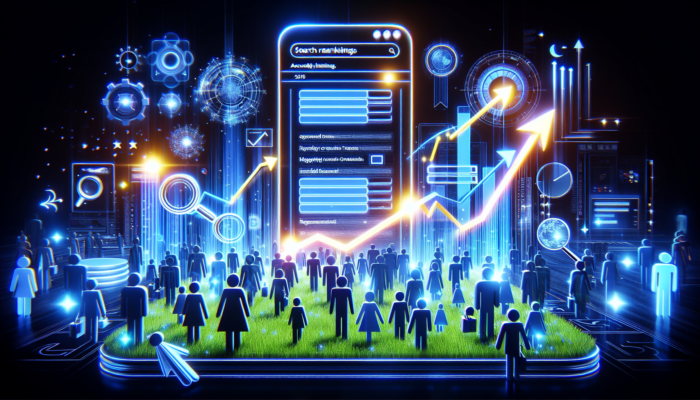 Vibrant website redesign for a UK small business, illustrating glowing keywords, rising search arrows, and digital users exploring local products.