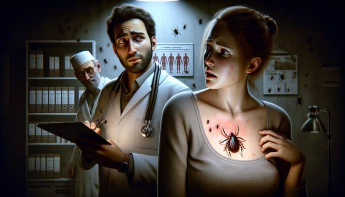A confused doctor in a dimly lit clinic examines a patient's subtle bull's-eye rash, with overlooked ticks lurking in the shadows.