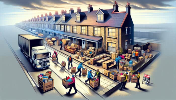 In Newcastle, a clearance team loads bulky furniture onto trucks and sorts items into labeled boxes under overcast skies.