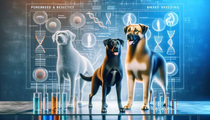 Robust purebred dog with enhanced traits stands confidently, contrasting vulnerable mixed-breed dog, surrounded by DNA strands and breeding charts in a lab.