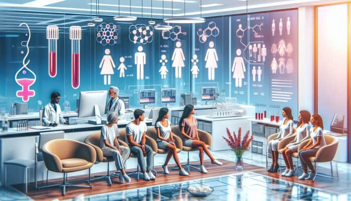Modern clinic in Kenilworth: Diverse patients consulting doctors on fertility tests, surrounded by lab equipment, charts, and hopeful symbols.