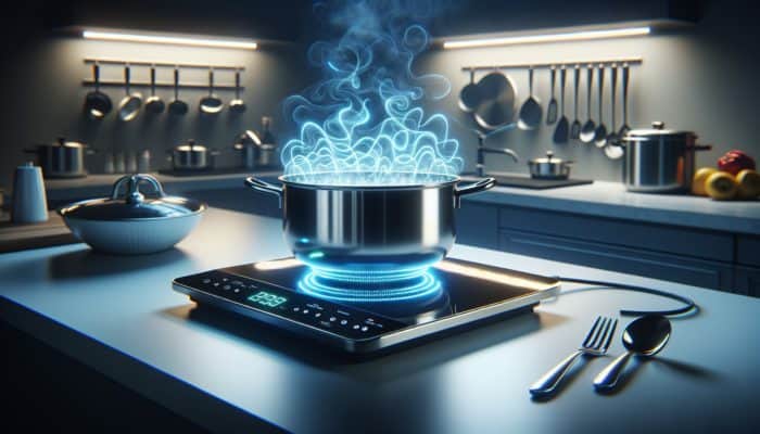 A sleek portable induction burner on a kitchen counter heats a metal pot, with glowing blue coils, rising steam, and surrounding utensils.