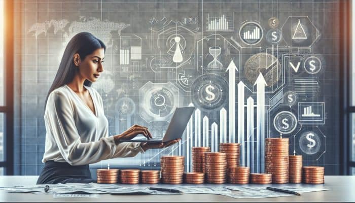 A focused financial advisor reviews charts on a laptop in a modern office, with coins, a balanced scale, and upward arrows symbolizing savings and stability.