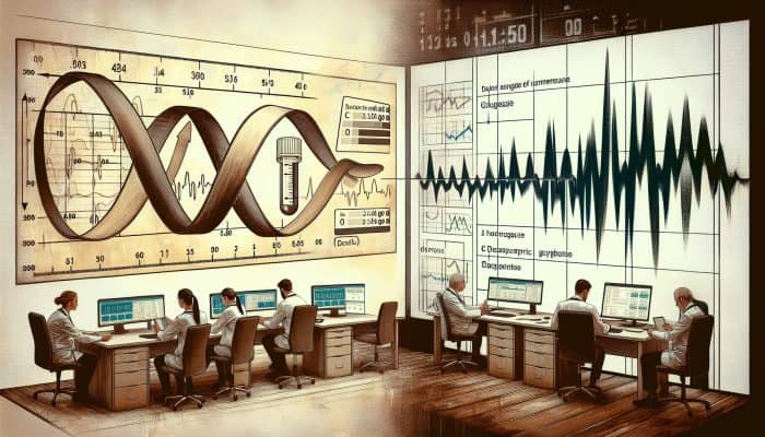 Visual comparison of stable HbA1c levels and fluctuating fasting glucose levels, with doctors discussing.