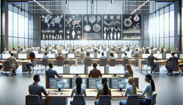 Agents in a bustling support centre use Zendesk to manage real-time chats, ticket queues, and knowledge bases, ensuring efficient customer satisfaction.