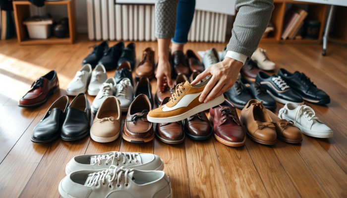 A diverse selection of stylish shoes in various colours and designs, with hands examining a shoe on a wooden floor in a bright room.