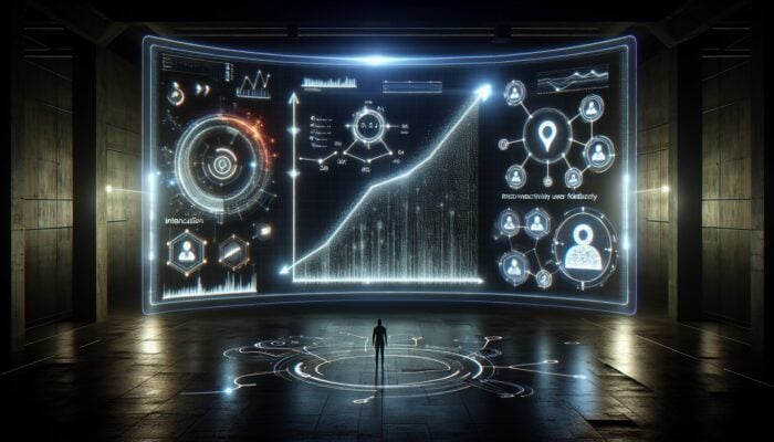 A digital dashboard showcasing rising dwell time graphs, falling bounce rates, interconnected backlinks, and glowing user review icons for E-E-A-T analysis.