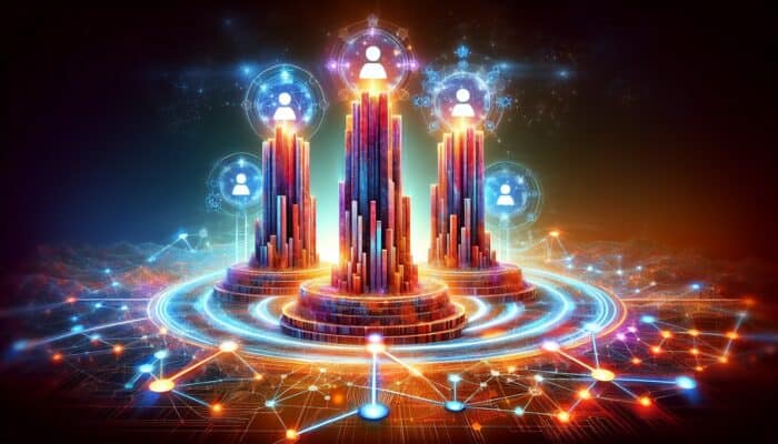 A vibrant digital landscape with E-E-A-T pillars rising above glowing backlinks, search results, and engaged users, symbolising improved rankings.