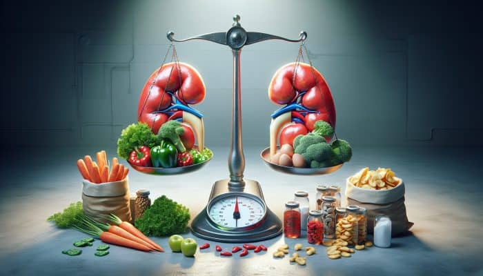 Healthy kidneys glowing on a scale, balanced with fresh vegetables and lean proteins, rejecting processed snacks in a modern UK kitchen with NHS guidelines.